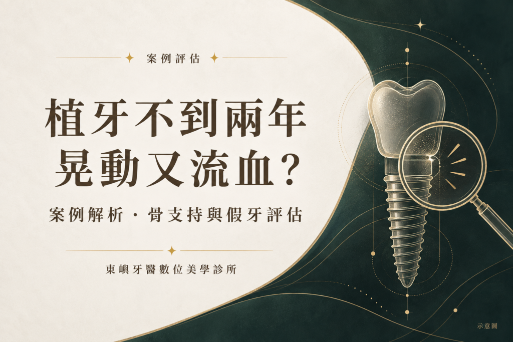 植牙不到兩年晃動與流血：骨支持及假牙評估案例示意圖